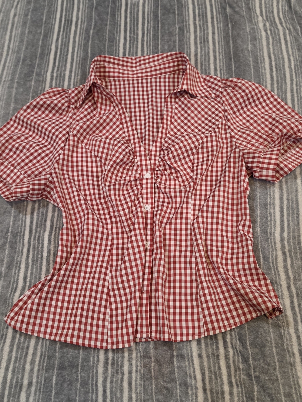 SHEIN Red Gingham Ruffle-Front Button Down Shirt